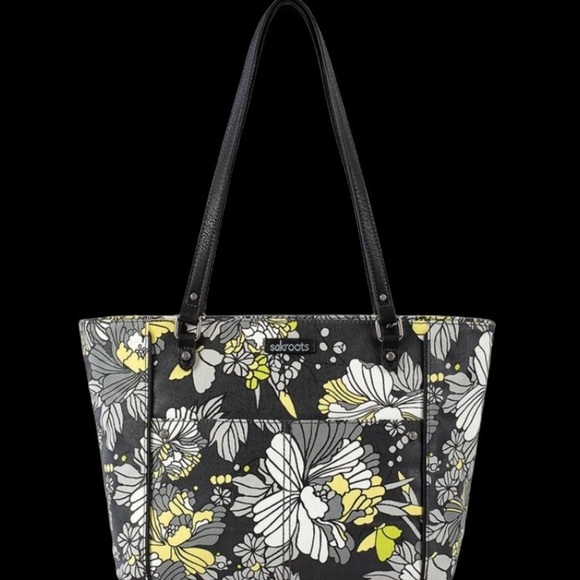 Sakroots Gray Yellow Flower Blossom Metro Tote Travel Bag Vacay Butterfly Charm - Picture 8 of 9